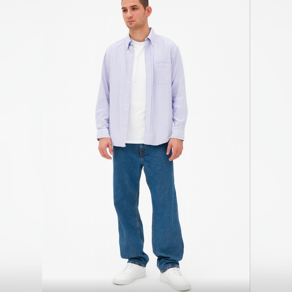 Chaps Oxford button down long sleeve shirt lavender stripe, 17-17.5, 34/35